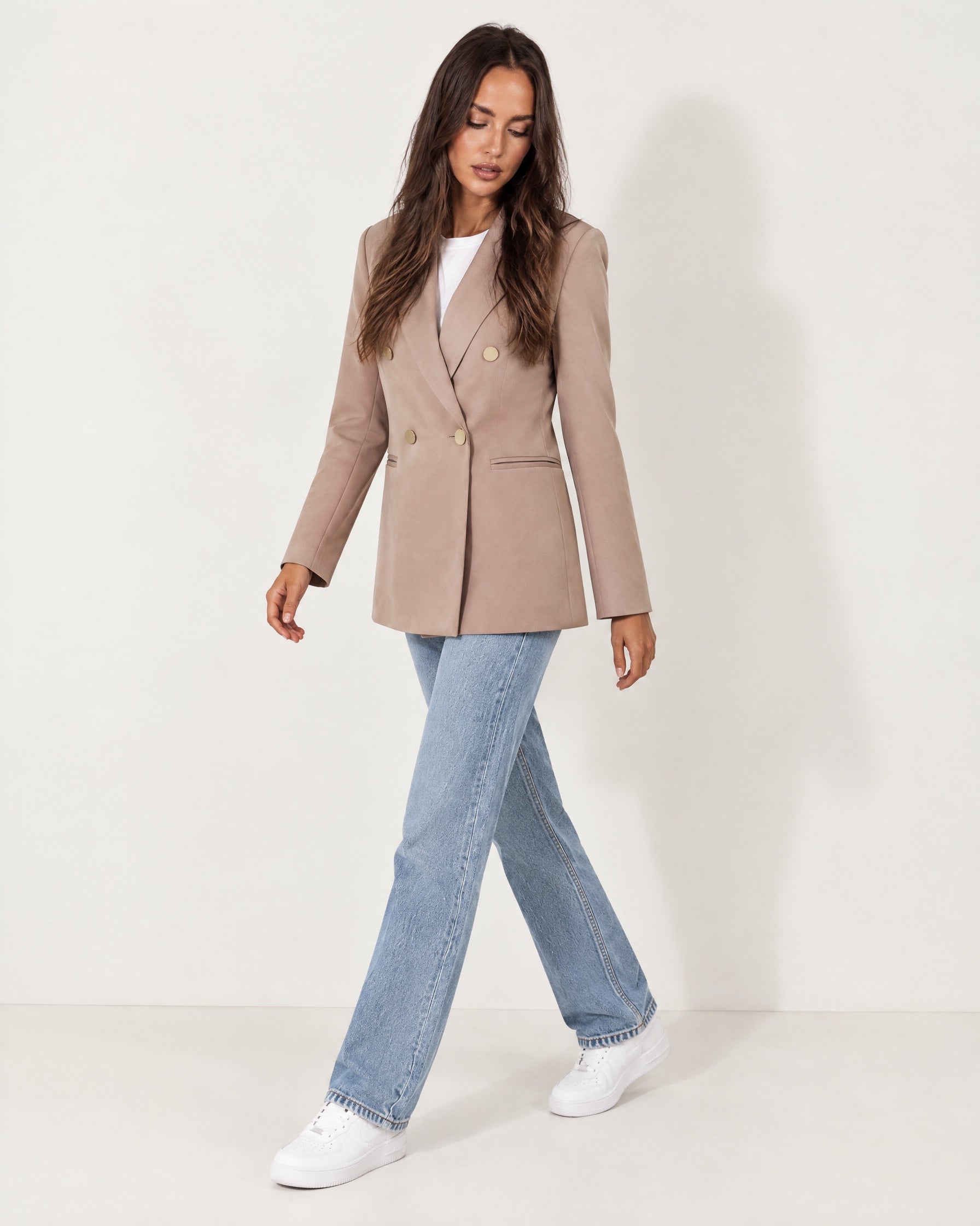 Taupe Double Breasted Blazer Oversized with Gold Buttons