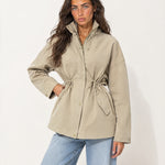 Beige Utility Jacket High Neck Drawstring Waist