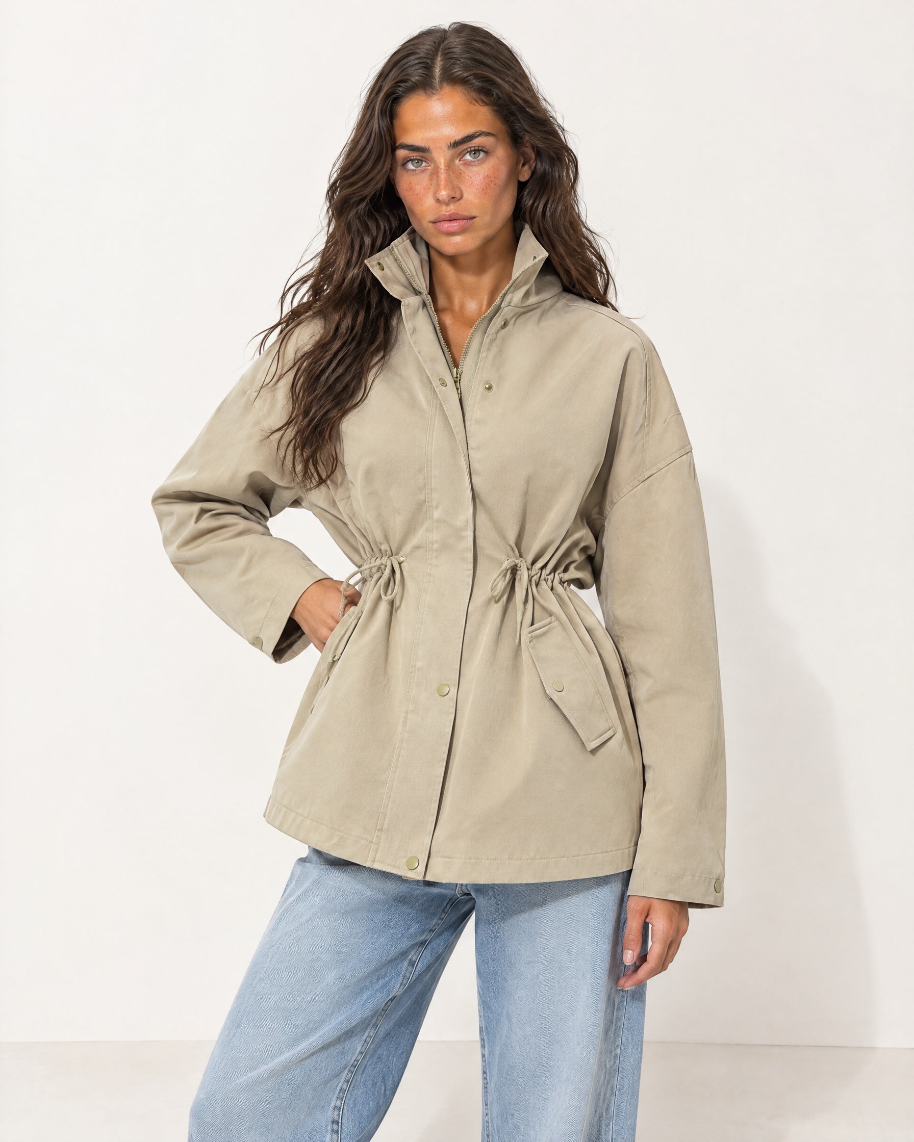 Beige Utility Jacket High Neck Drawstring Waist