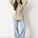Beige Utility Jacket High Neck Drawstring Waist