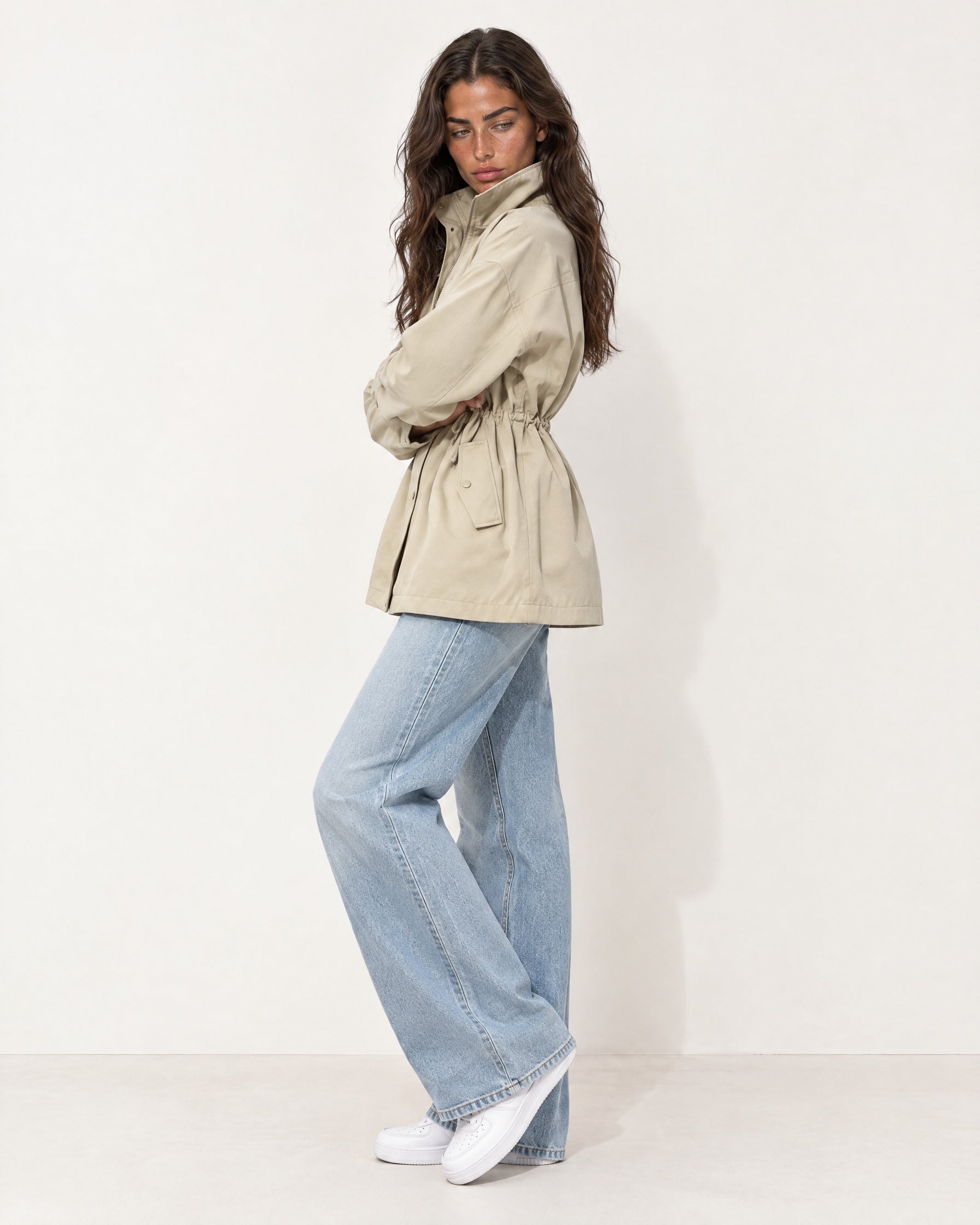 Beige Utility Jacket High Neck Drawstring Waist
