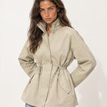 Beige Utility Jacket High Neck Drawstring Waist