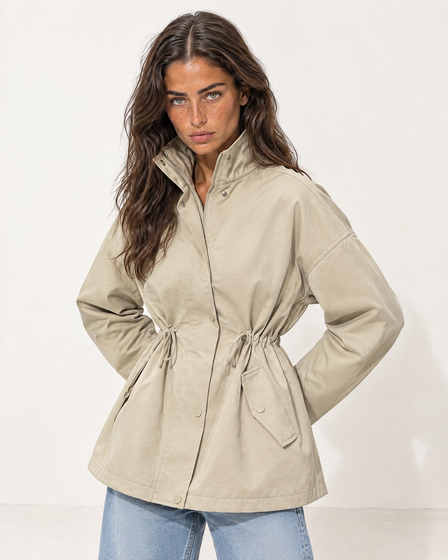 Beige Utility Jacket High Neck Drawstring Waist