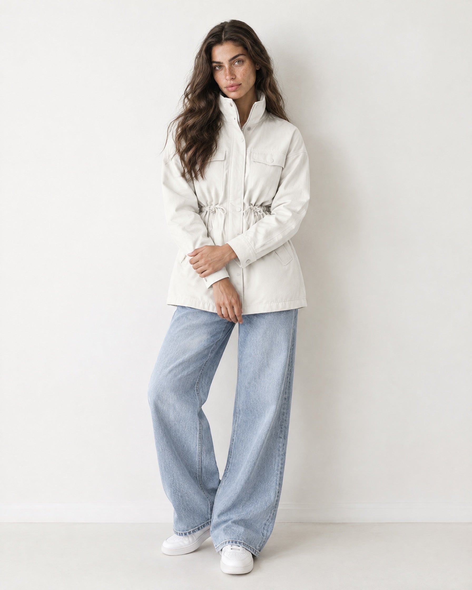 Cream Utility Jacket High Neck Drawstring Waist