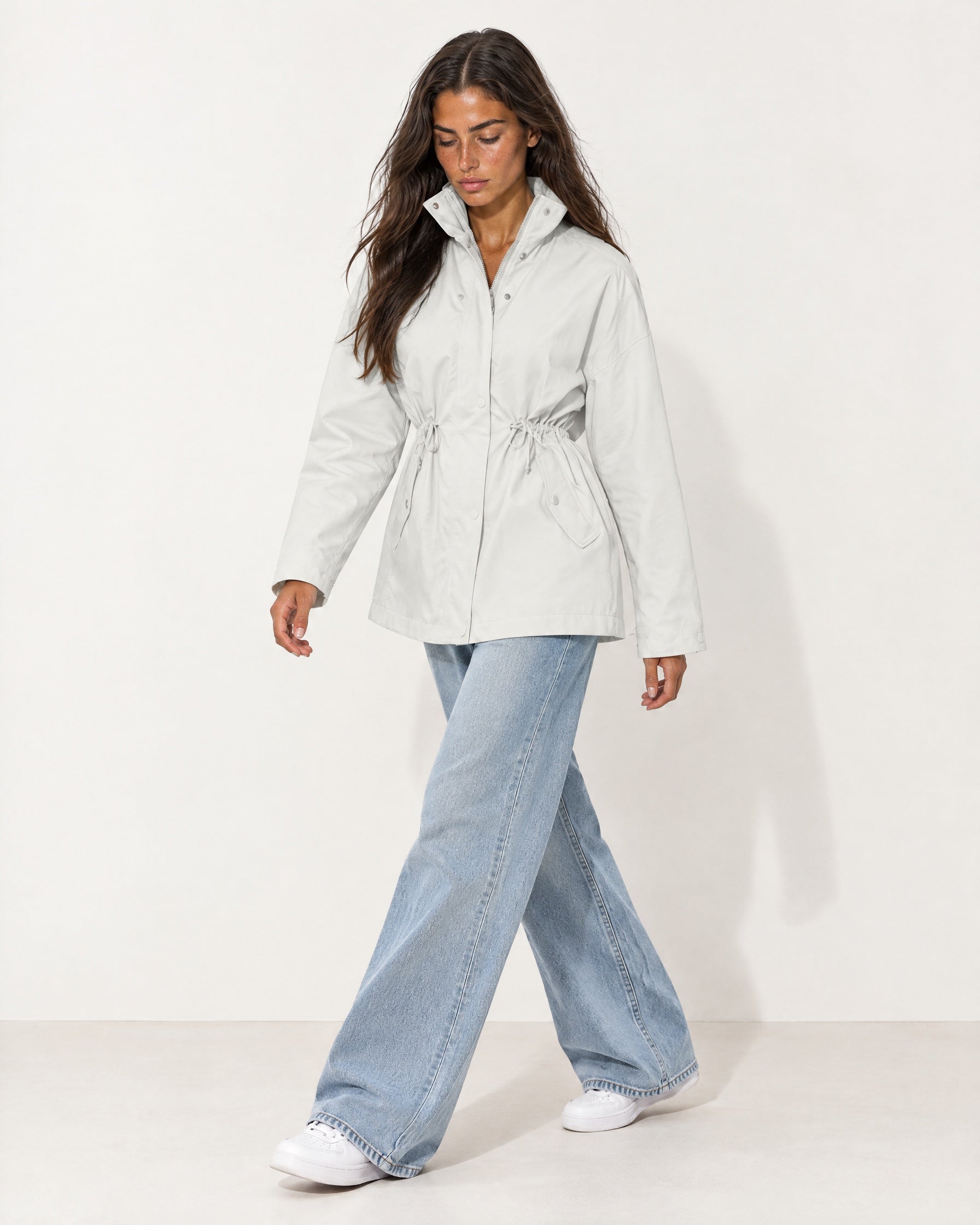 Cream Utility Jacket High Neck Drawstring Waist