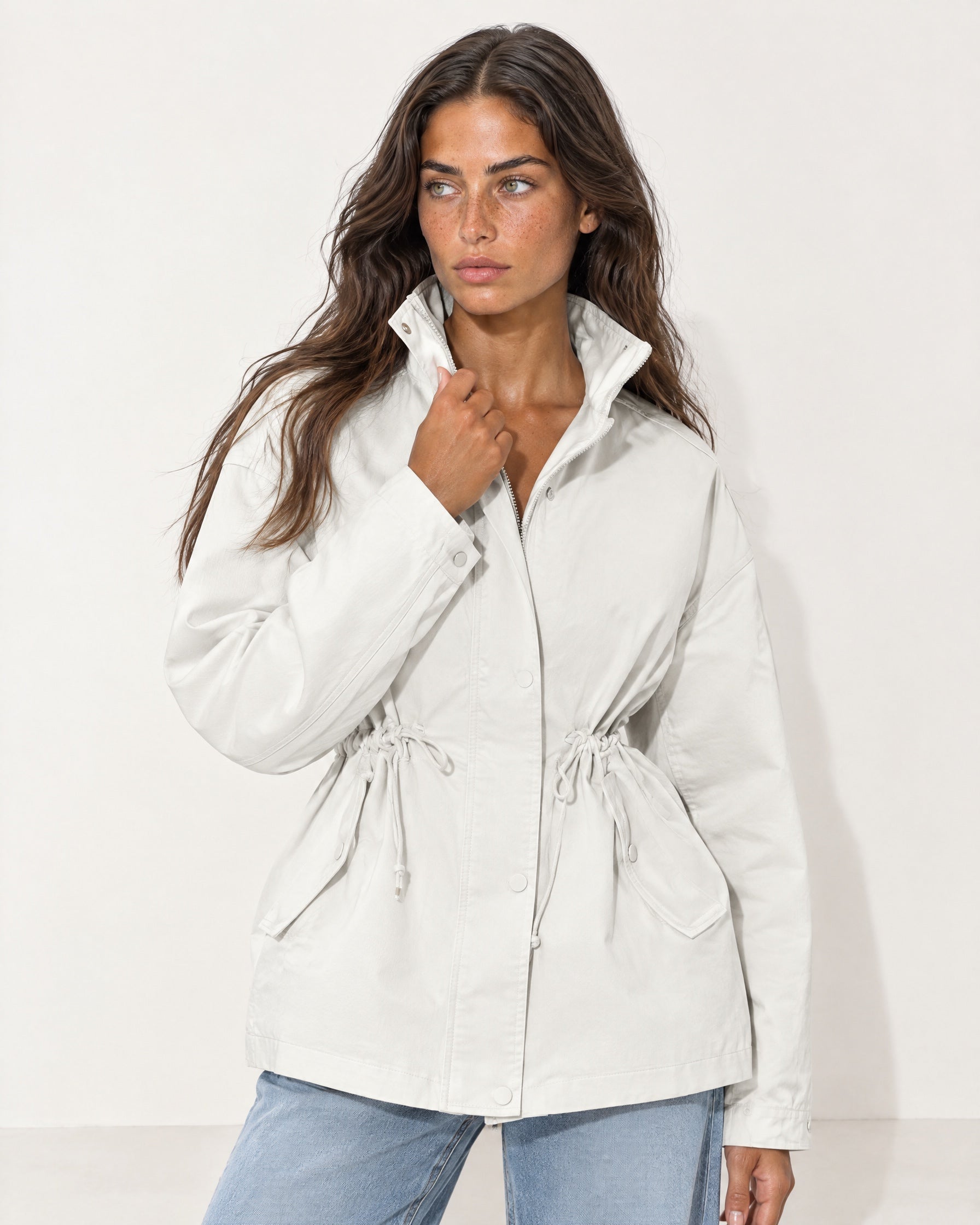 Cream Utility Jacket High Neck Drawstring Waist
