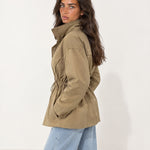 Khaki Utility Jacket High Neck Drawstring Waist
