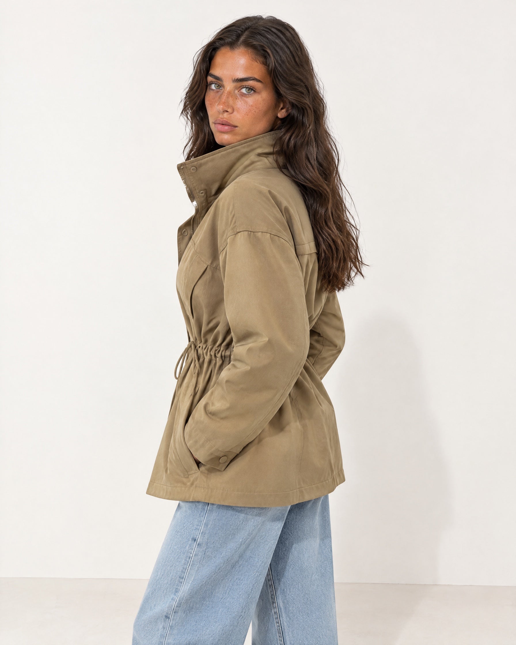 Khaki Utility Jacket High Neck Drawstring Waist