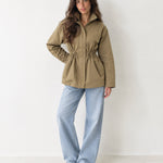 Khaki Utility Jacket High Neck Drawstring Waist