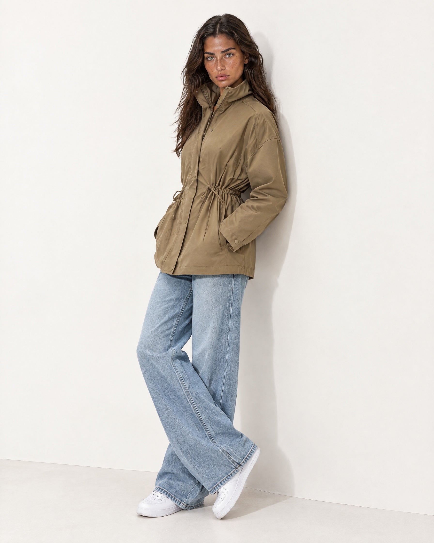 Khaki Utility Jacket High Neck Drawstring Waist
