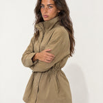 Khaki Utility Jacket High Neck Drawstring Waist