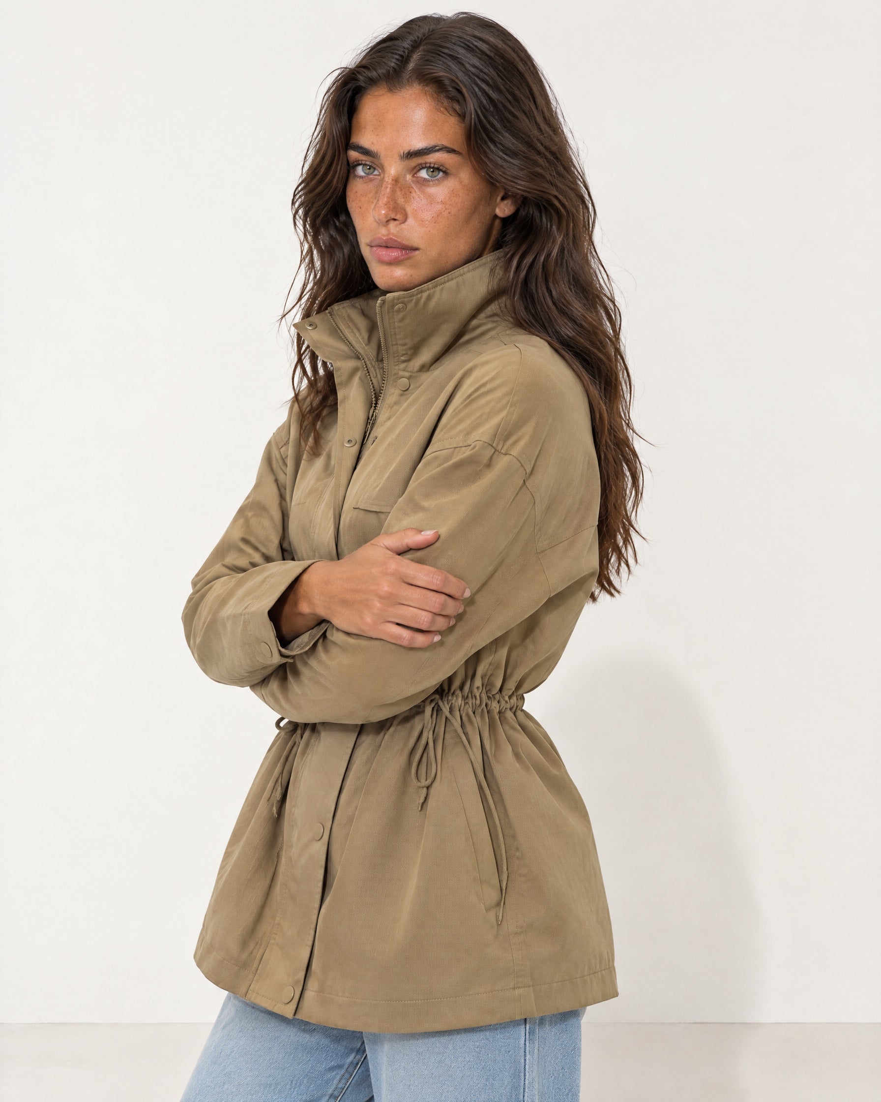 Khaki Utility Jacket High Neck Drawstring Waist