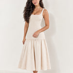 Beige Drop Waist Midi Dress Square Neck