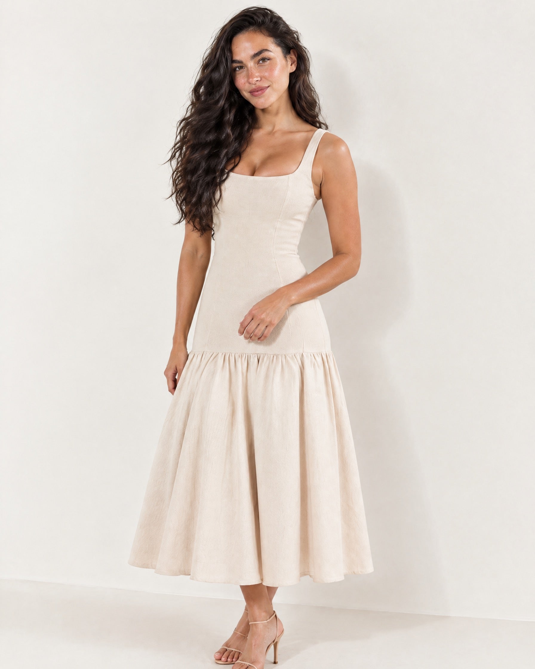 Beige Drop Waist Midi Dress Square Neck