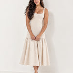 Beige Drop Waist Midi Dress Square Neck