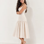 Beige Drop Waist Midi Dress Square Neck