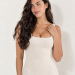 Beige Drop Waist Midi Dress Square Neck