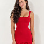 Red Drop Waist Midi Dress Square Neck