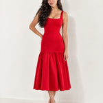 Red Drop Waist Midi Dress Square Neck