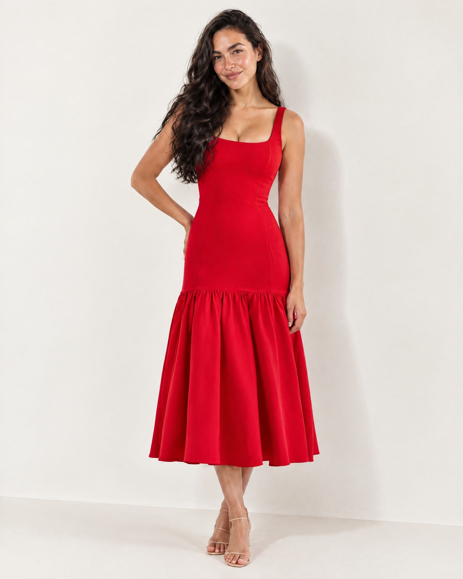 Red Drop Waist Midi Dress Square Neck