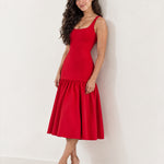 Red Drop Waist Midi Dress Square Neck