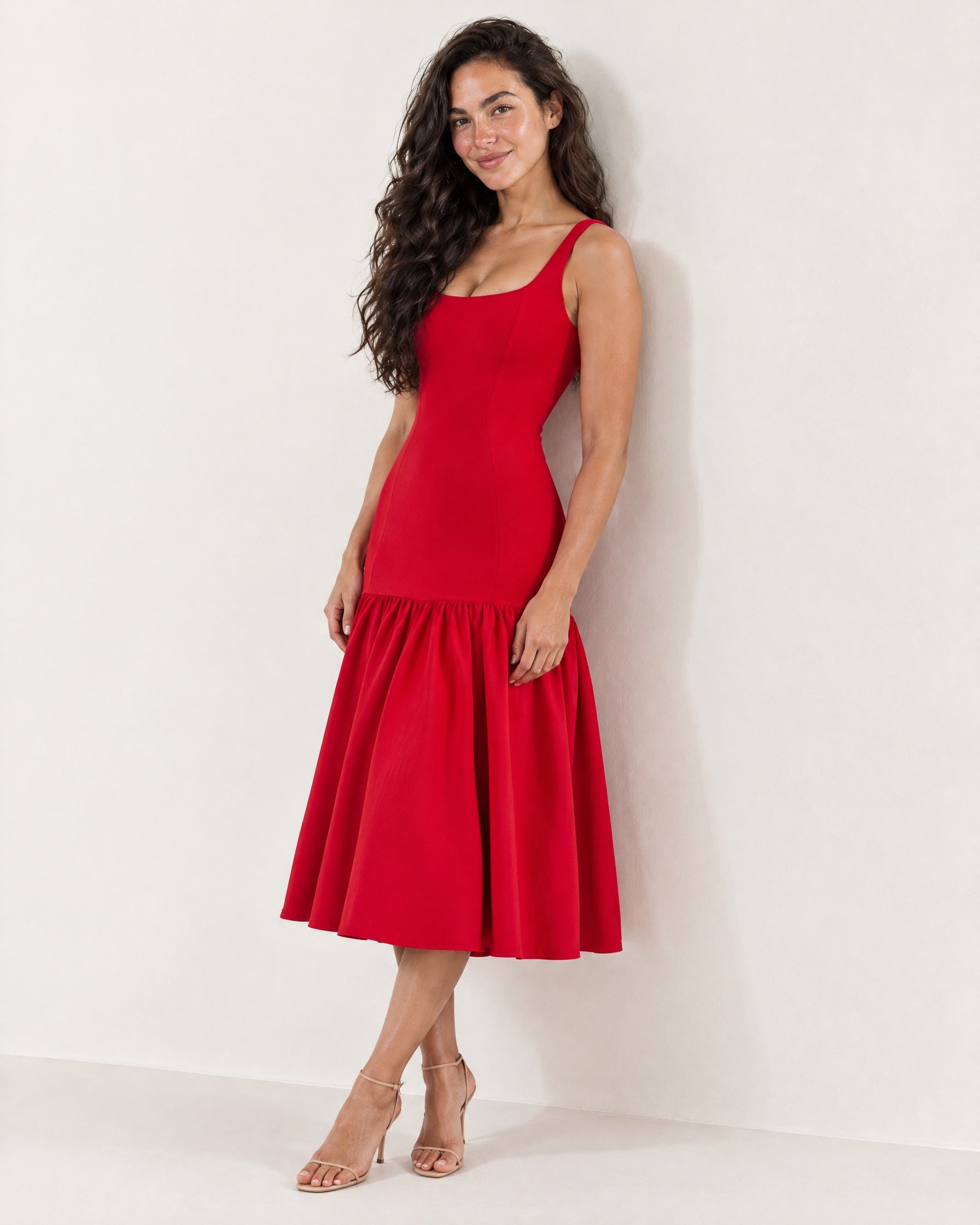 Red Drop Waist Midi Dress Square Neck