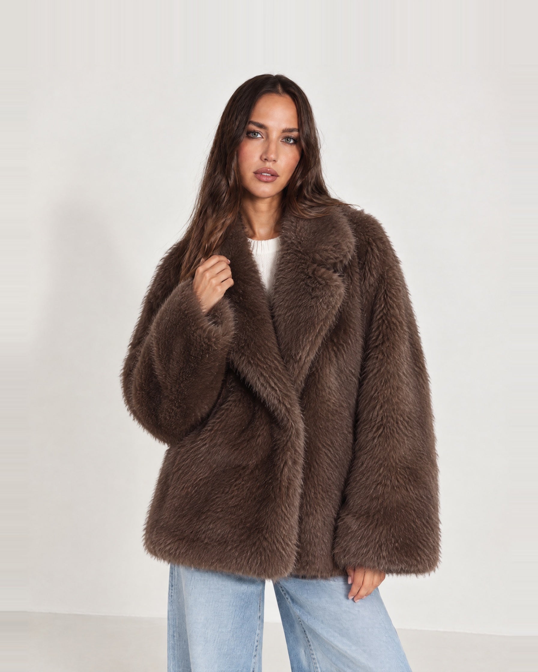Coffee Faux Fur Coat Oversized Notch Collar