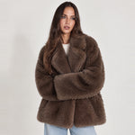 Coffee Faux Fur Coat Oversized Notch Collar