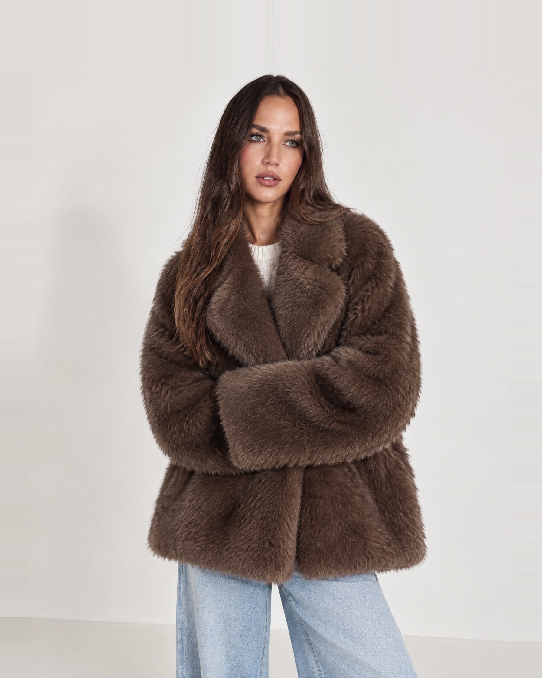 Coffee Faux Fur Coat Oversized Notch Collar