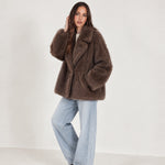 Coffee Faux Fur Coat Oversized Notch Collar