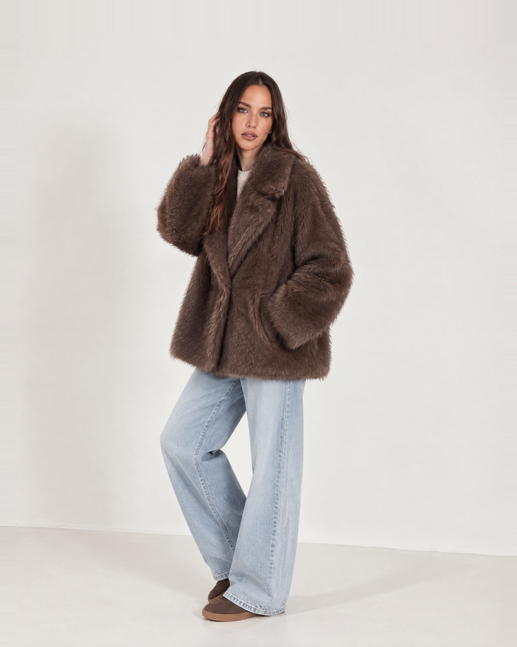 Coffee Faux Fur Coat Oversized Notch Collar