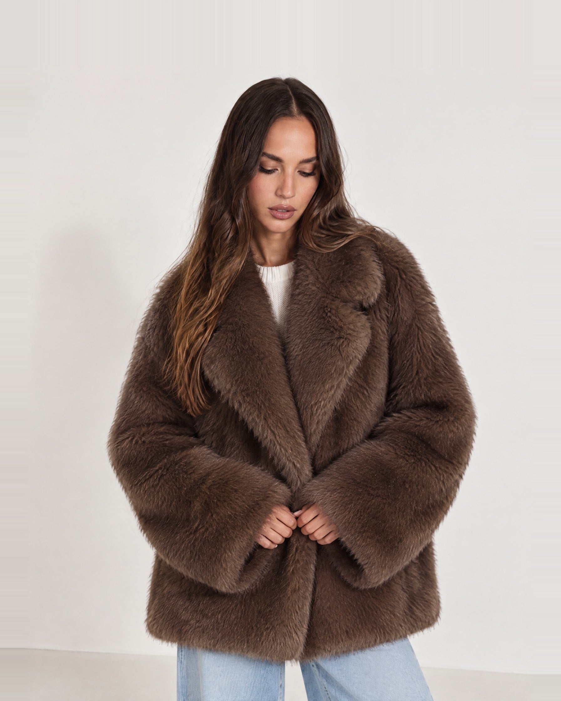 Coffee Faux Fur Coat Oversized Notch Collar