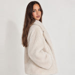 Cream Faux Fur Coat Oversized Notch Collar