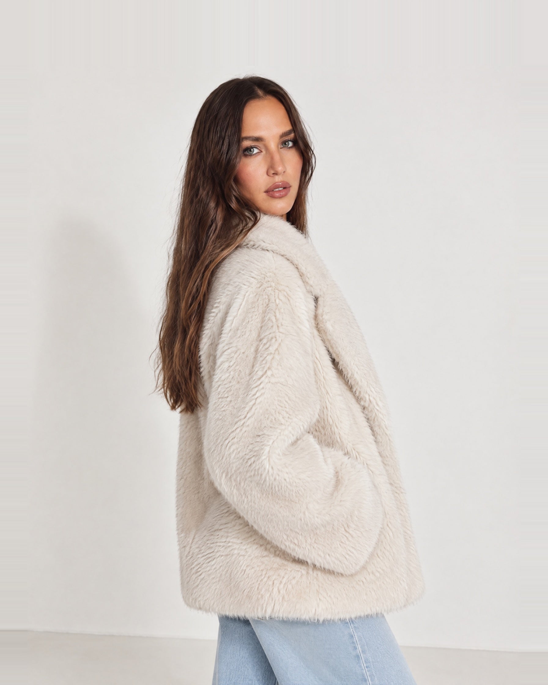 Cream Faux Fur Coat Oversized Notch Collar