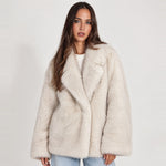 Cream Faux Fur Coat Oversized Notch Collar