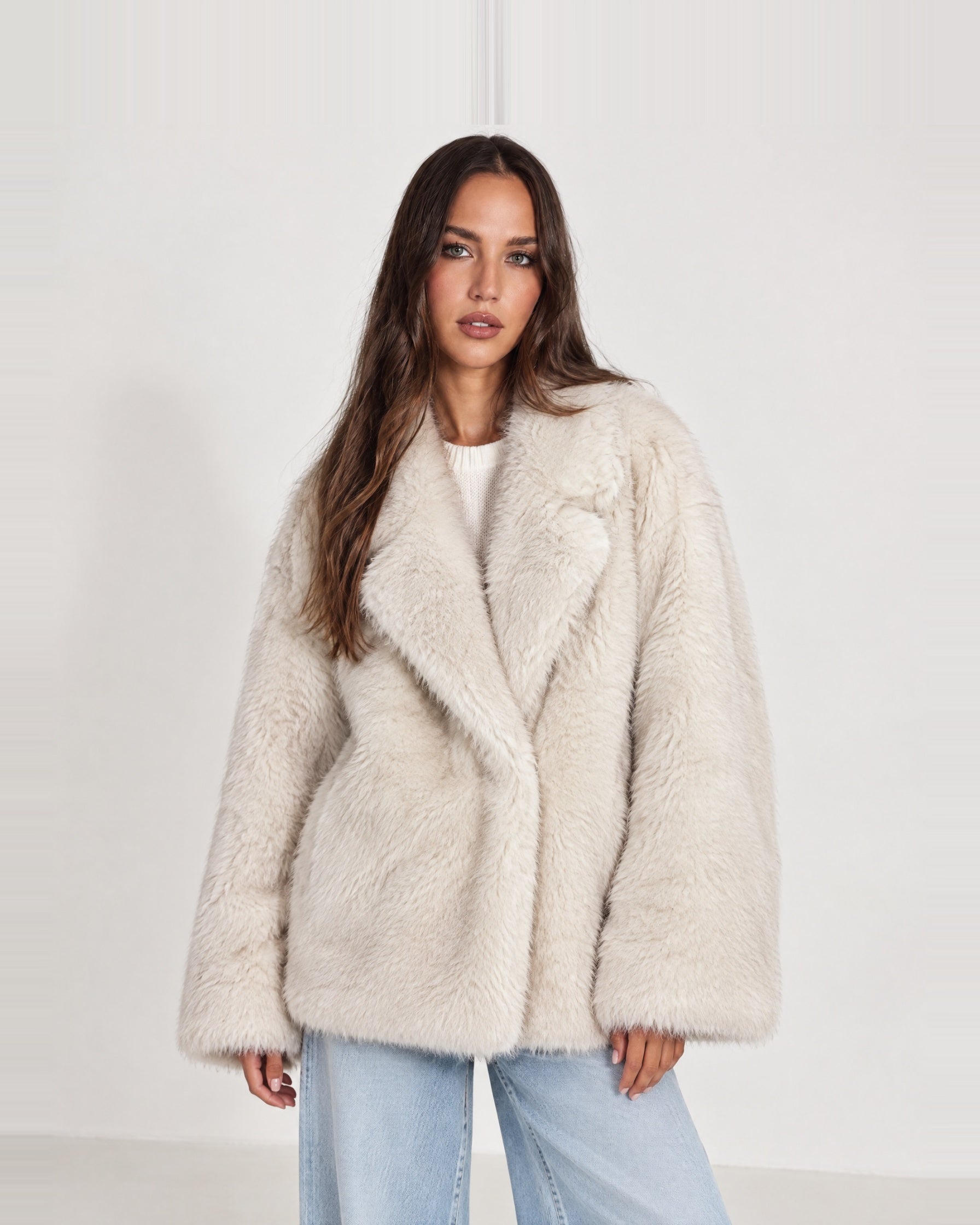 Cream Faux Fur Coat Oversized Notch Collar