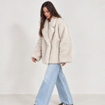 Cream Faux Fur Coat Oversized Notch Collar