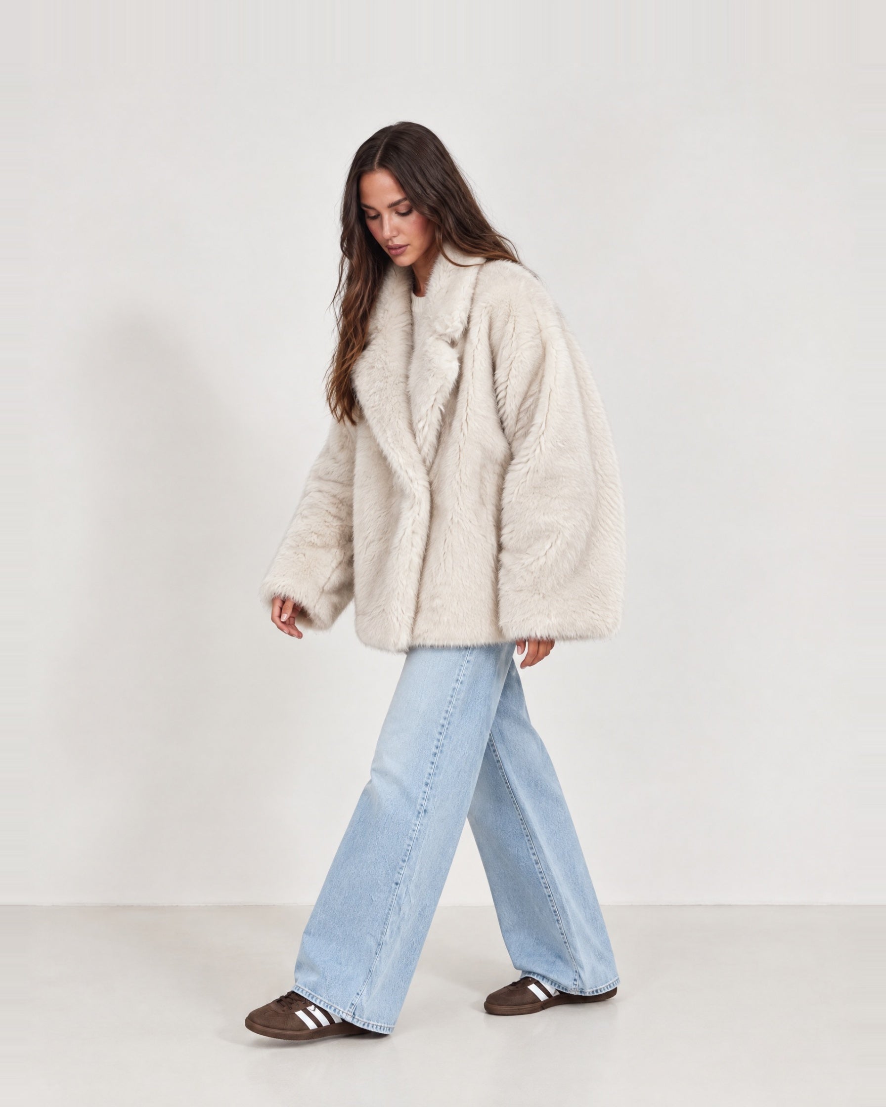 Cream Faux Fur Coat Oversized Notch Collar