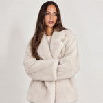 Cream Faux Fur Coat Oversized Notch Collar