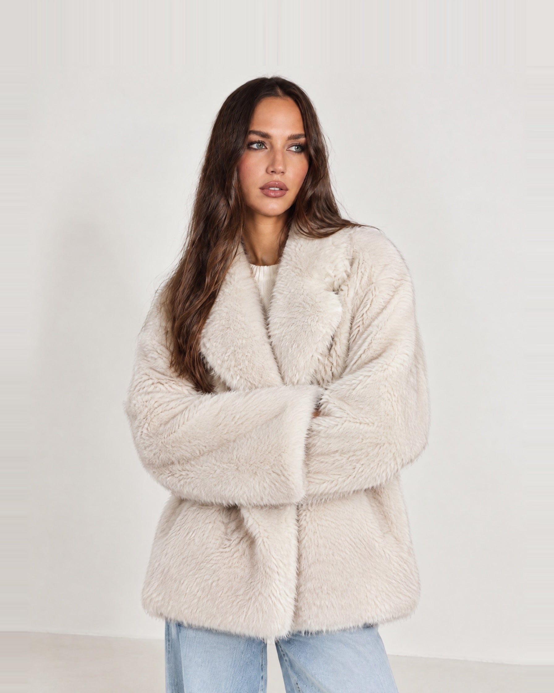 Cream Faux Fur Coat Oversized Notch Collar