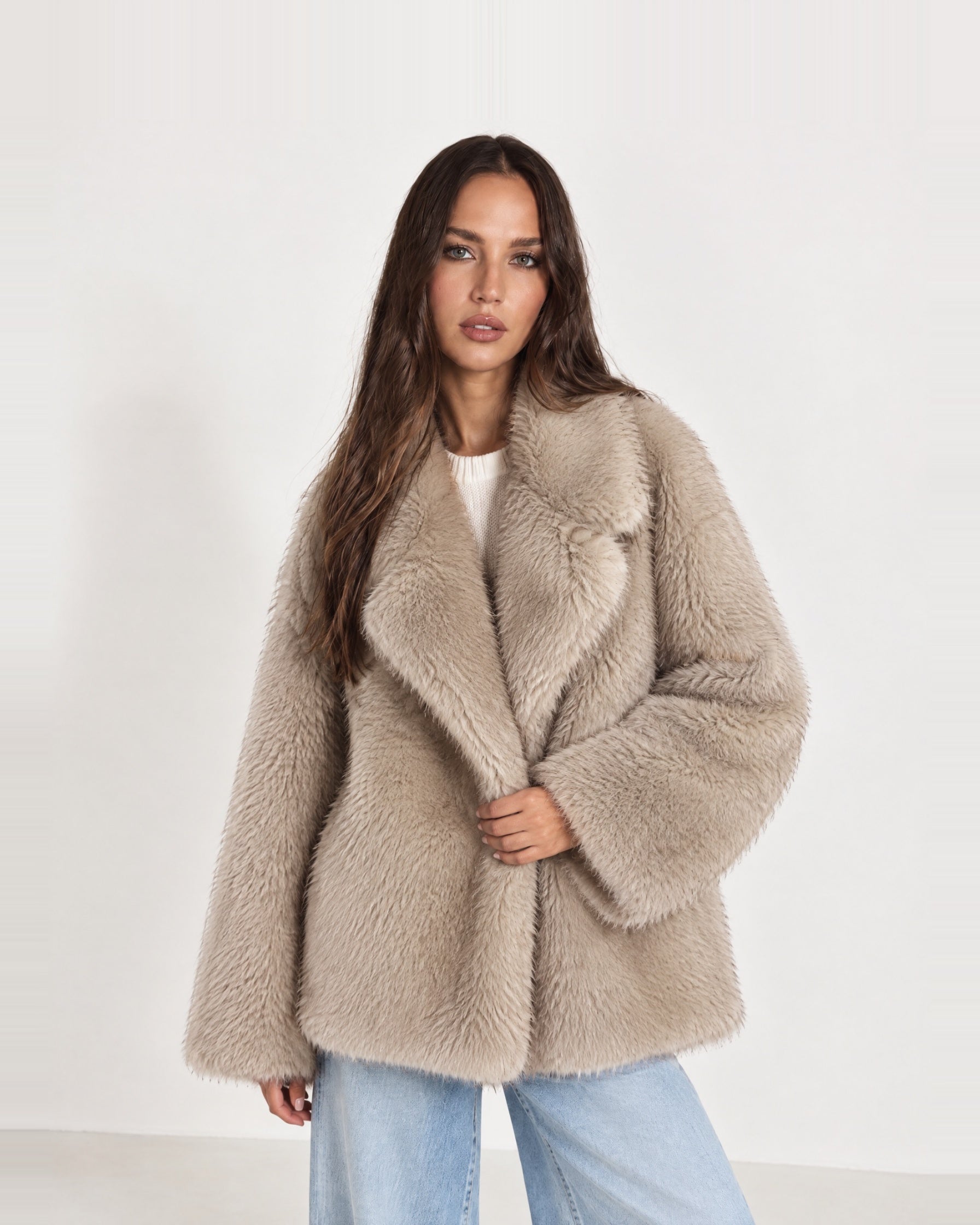 Taupe Faux Fur Coat Oversized Notch Collar