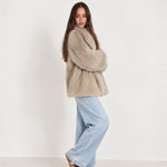 Taupe Faux Fur Coat Oversized Notch Collar