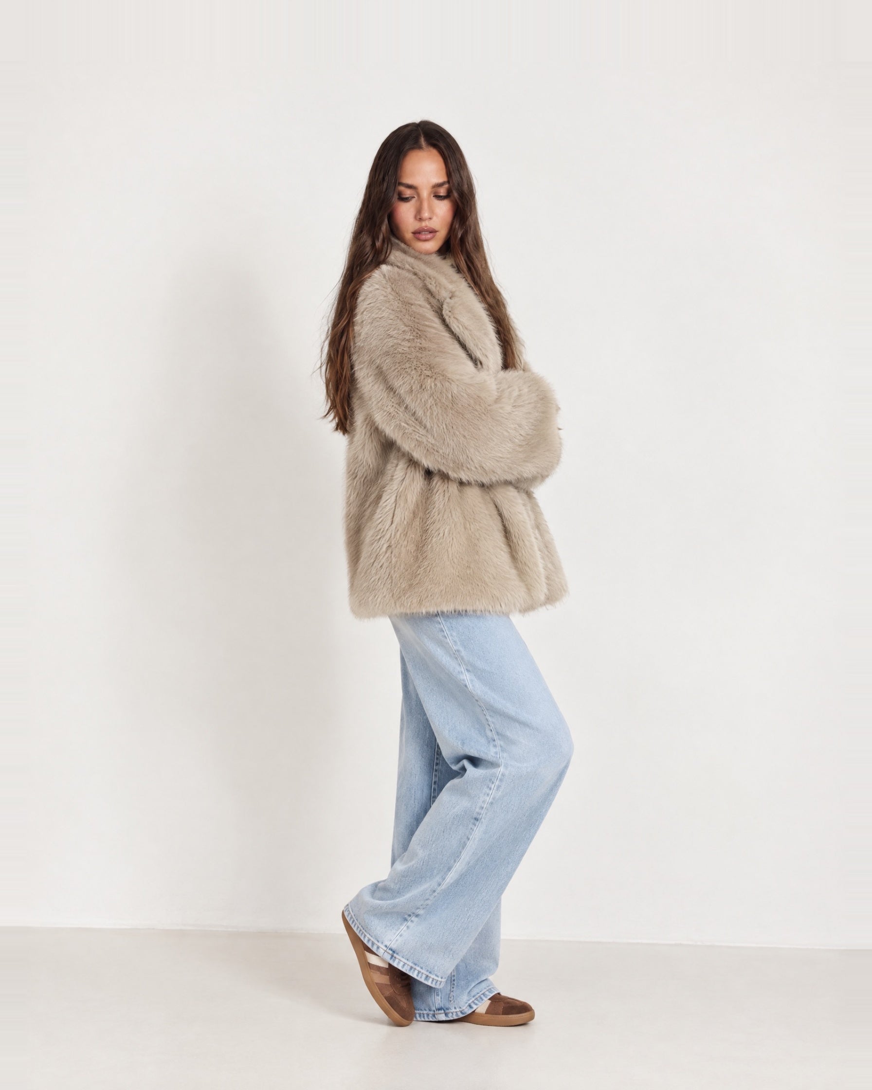 Taupe Faux Fur Coat Oversized Notch Collar