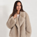 Taupe Faux Fur Coat Oversized Notch Collar
