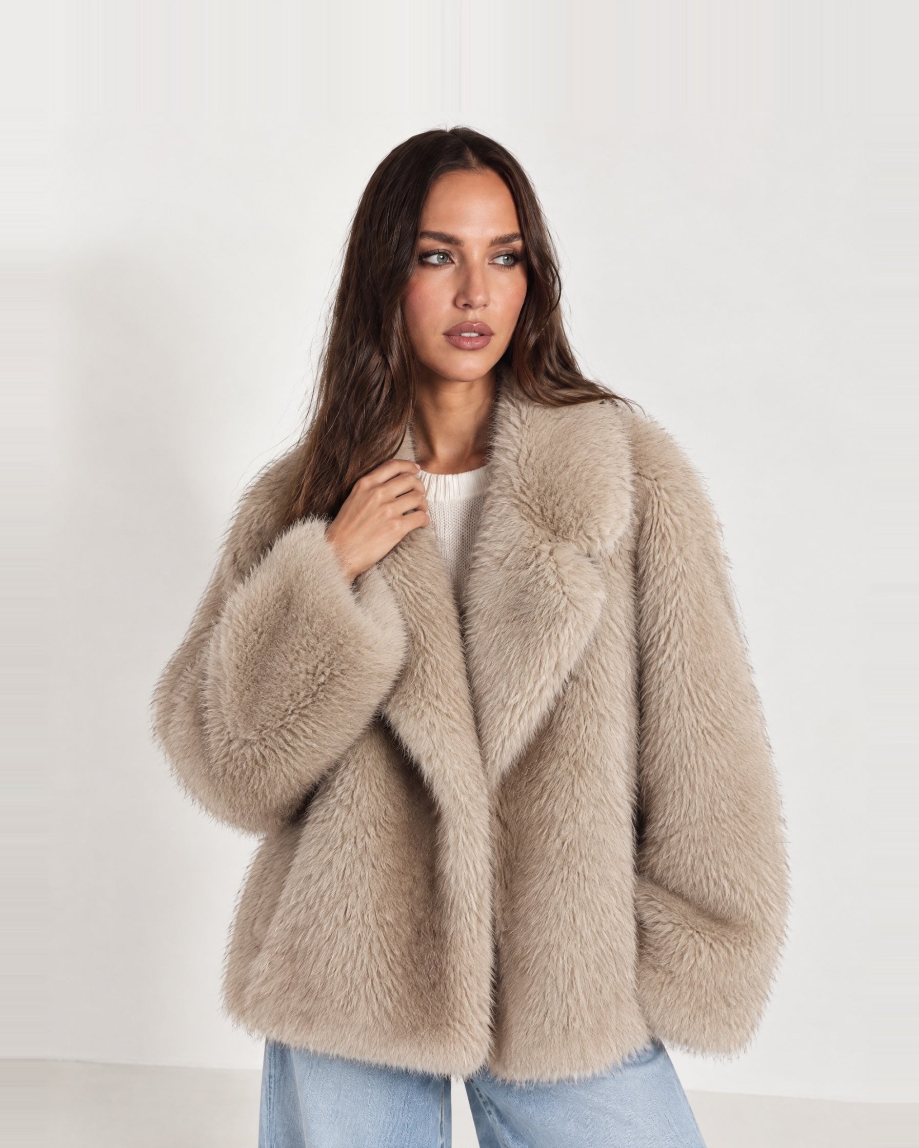 Taupe Faux Fur Coat Oversized Notch Collar