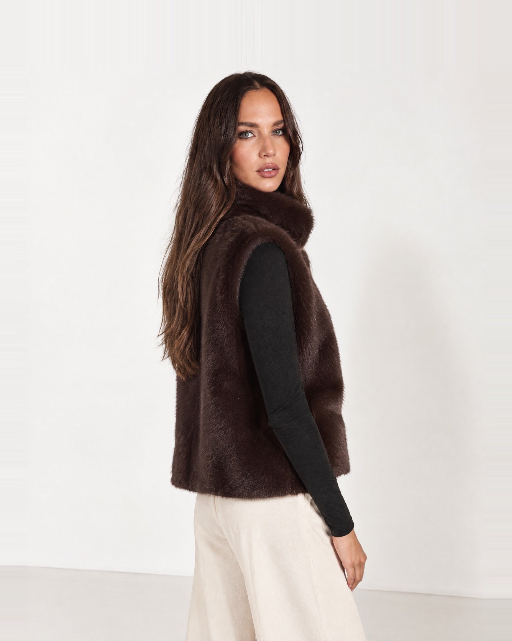 Brown Faux Fur Gilet Funnel Neck Sleeveless