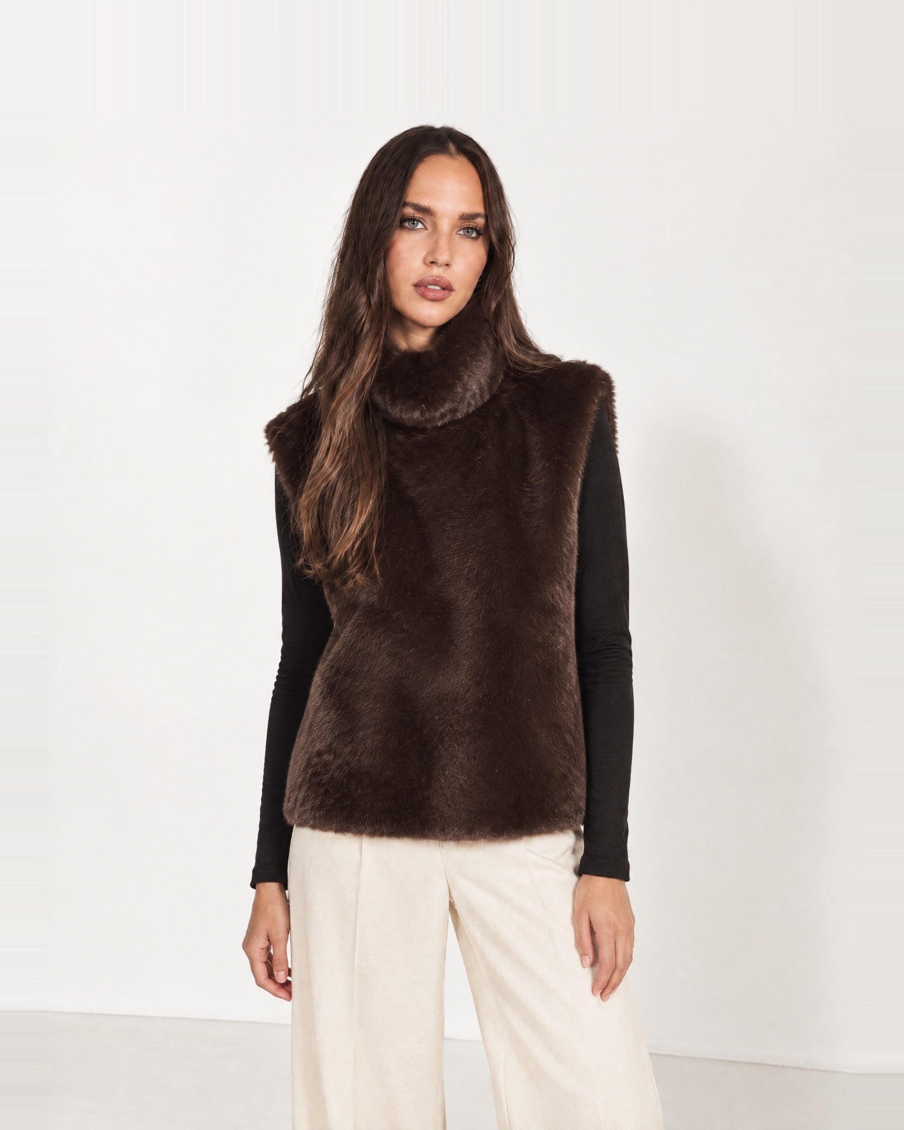 Brown Faux Fur Gilet Funnel Neck Sleeveless