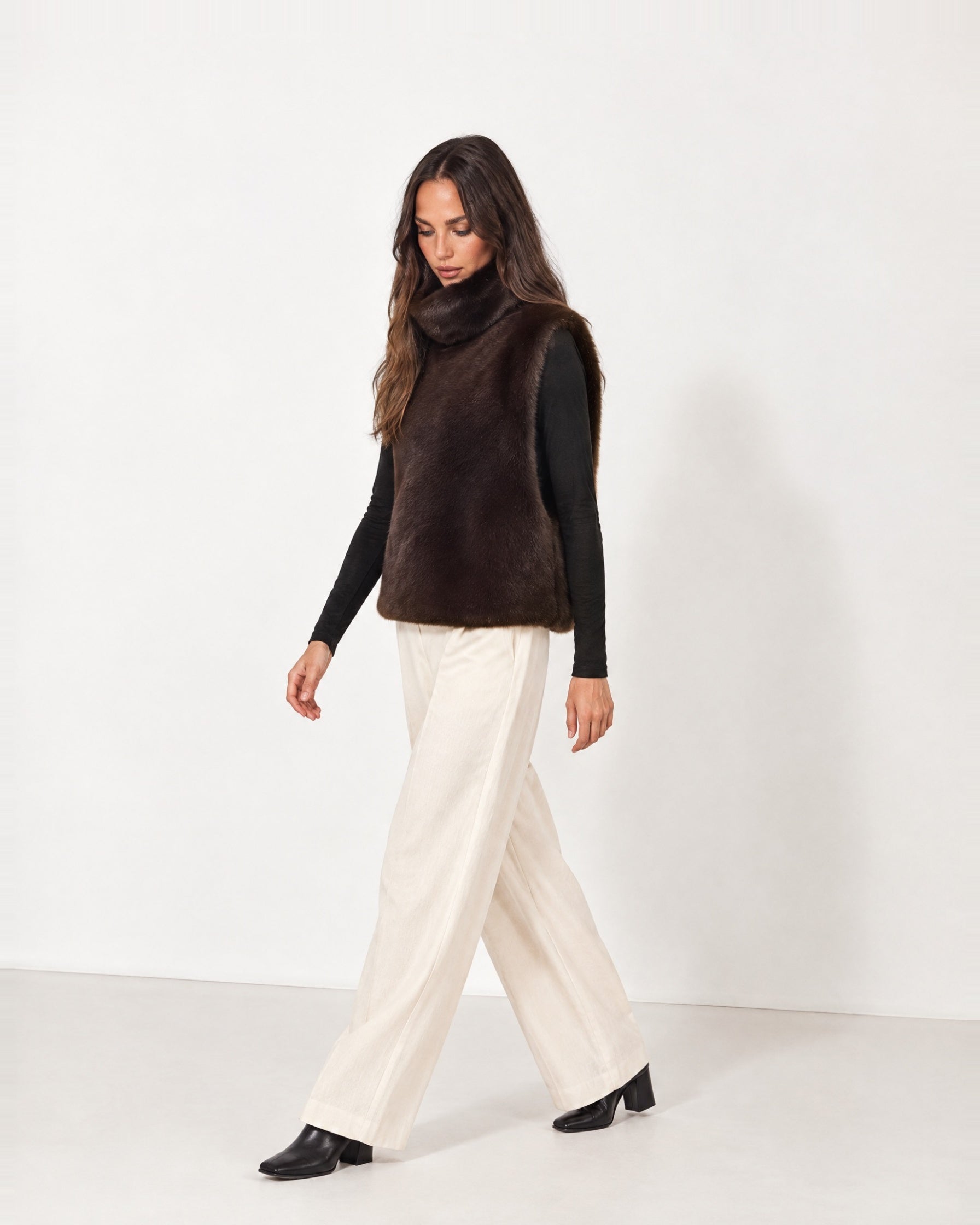 Brown Faux Fur Gilet Funnel Neck Sleeveless