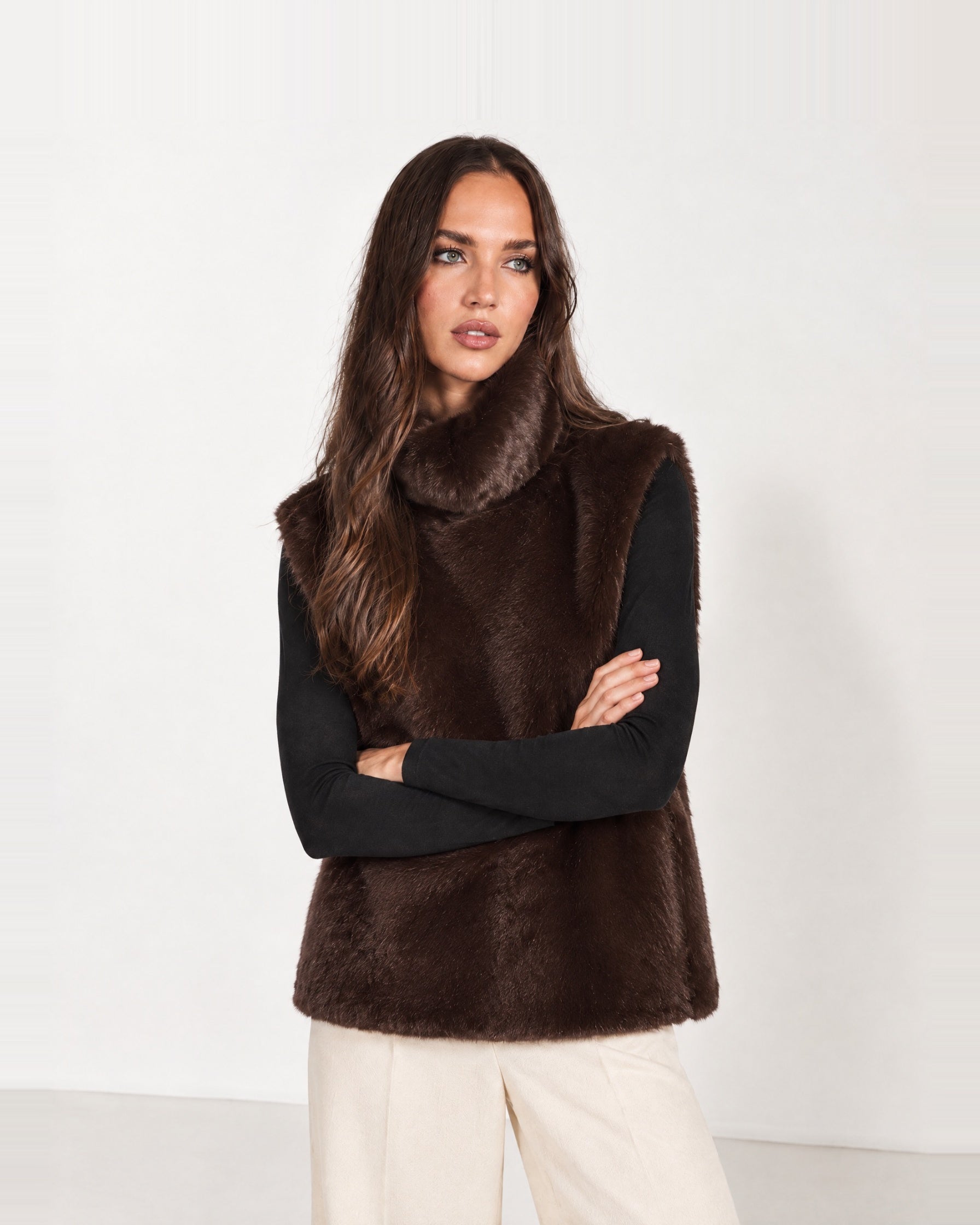 Brown Faux Fur Gilet Funnel Neck Sleeveless