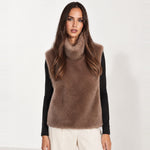 Camel Faux Fur Gilet Funnel Neck Sleeveless